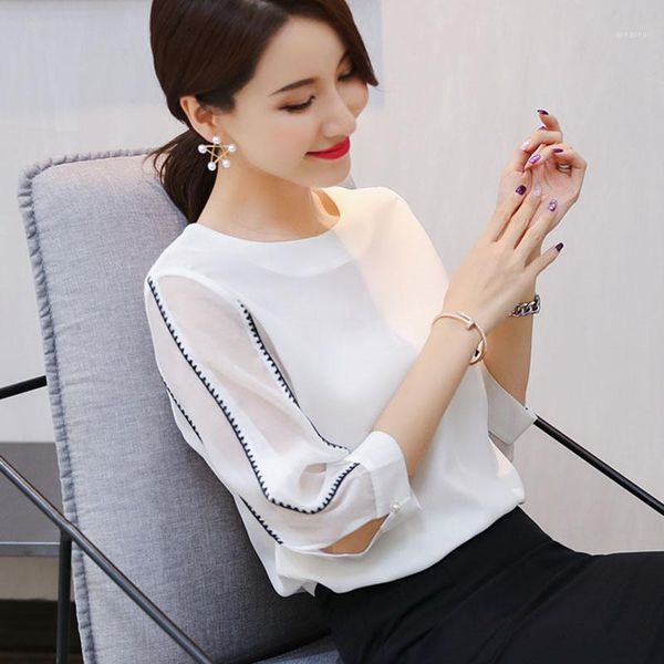 

women spring summer style chiffon blouses shirts lady casual half lantern sleeve blusas dd18311, White