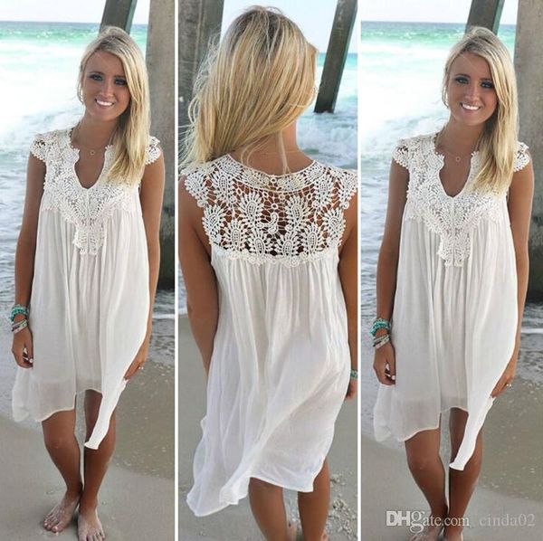 

boho style women lace dress summer loose casual beach mini swing dress chiffon bikini cover up womens clothing sun dress, Black;gray