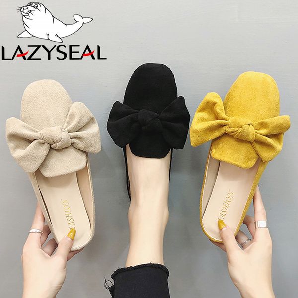 

lazyseal new summer female flat-soled bow knot mules shoes women flip flops woman slides breathable baotou slipper mujer zapatos x1020, Black
