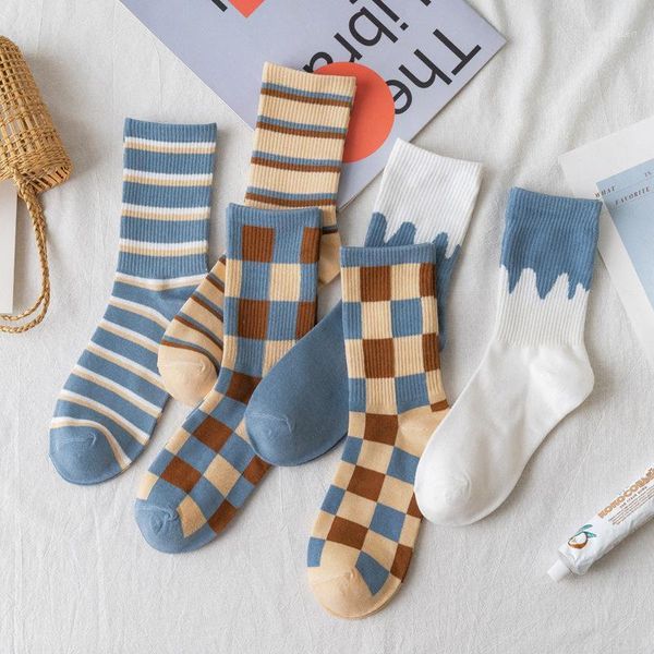 

5 pairs korea style women cotton socks fashion striped socks blue women plaid lattice funny skateboard harajuku sox1, Black;white