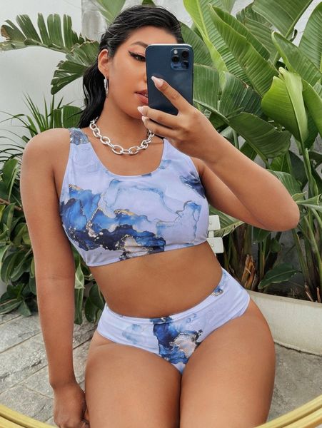 

plus marble print bikini swimsuit k8my#, Black