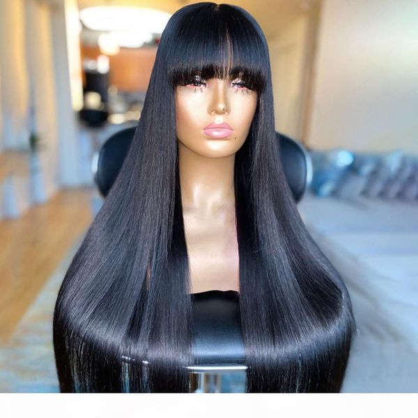 

brazilian 100% real human hair silky straight with bangs full lace wig lace front wig 130%-180% density in stock, Black;brown