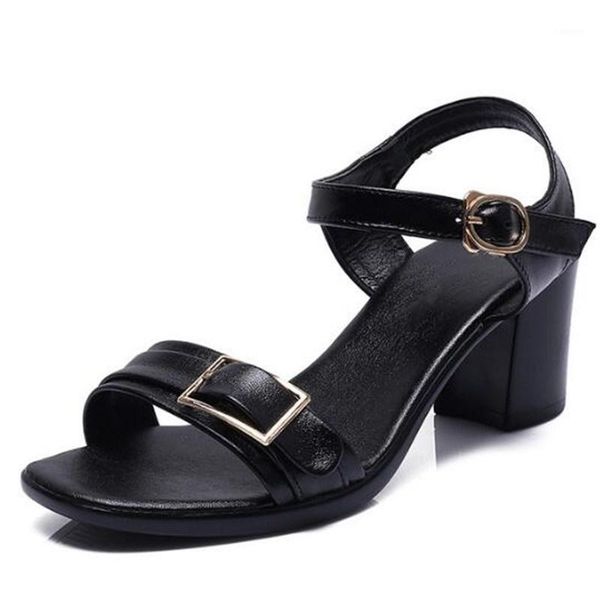 

2020 new summer open shoes woman sandals buckle wild genuine leather sandals high heel shoes women casual summer1, Black