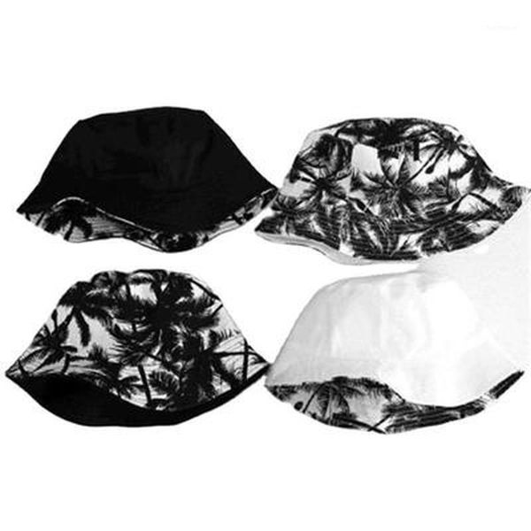 

2020 new fashion summer reversible black white coconut tree printed fisherman caps bucket hats men women1