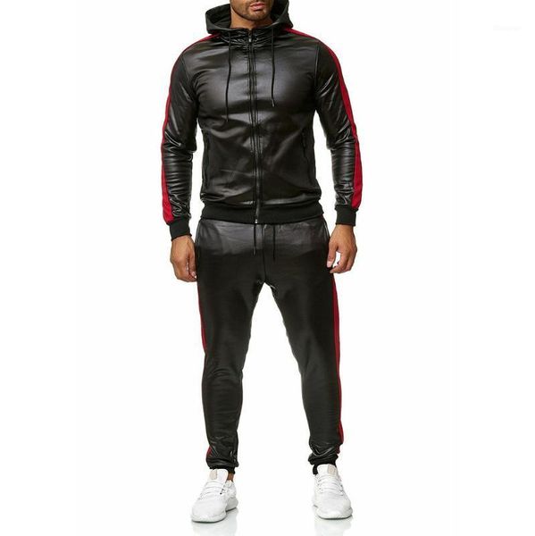 

stripe sportwear men two pieces leather tracksuit sets autumn spring casual hoodie men's brand clothing slim fit workout track1, Gray