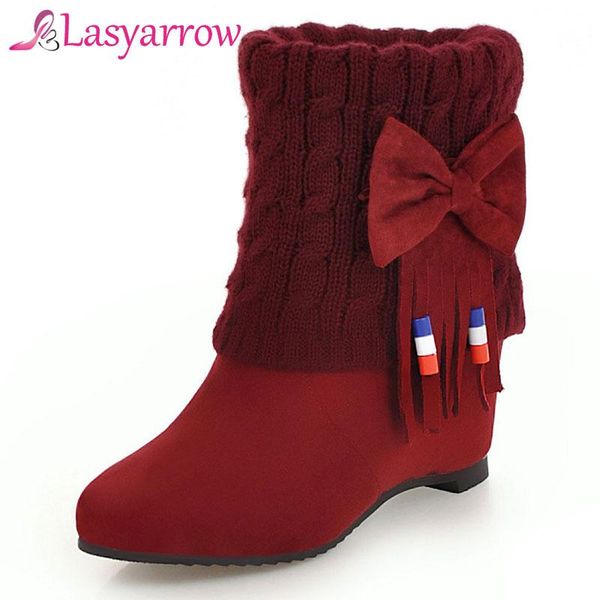 

lasyarrow size 31-45 knitting slip on women shoes casual height increasing winter warm snow boots woman bow tie tassel shoe f275, Black