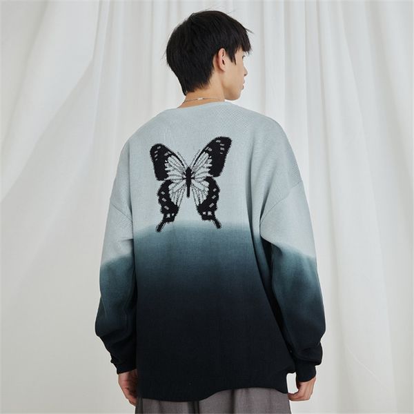 

2020 autumn new fashion long-sleeved sweater men's korean version tie-dye butterfly jacquard two gradient color pullover sweater size s, White;black