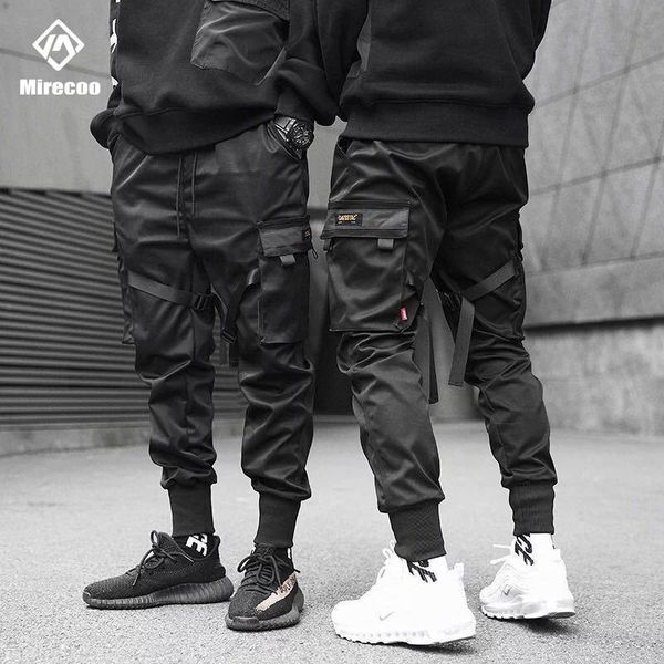

multi-pocket techwear cargo pants men punk harem joggers sweatpants trousers men pants drawstring harajuku hip hop street wear, Black