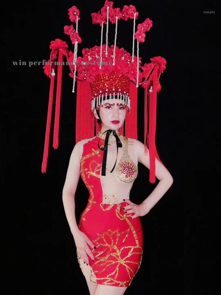 

rhinstone skin color irregular skirt asymmetric decoration circus cruise celebration nightclub stage costume red bodysuit1, Black;red