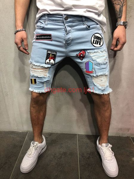 

slim jeans shorts men brand ripped summer capri men's fashion biker casual elasticity distressed hole knee length blue denim short jean