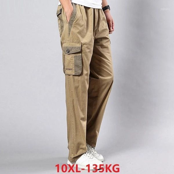 

spring summer men cargo pants cotton pockets big size big 8xl 9xl 10xl stretch trousers out door straight pants khaki gray loose1, Black