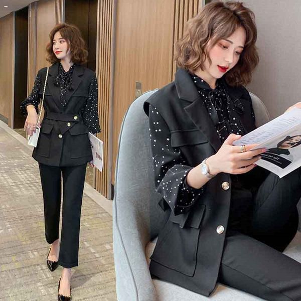

three piece foreign style age reduction 2020 spring and autumn suitvest suit new professional temperament chiffon shirt vest thin pants suit, Gray