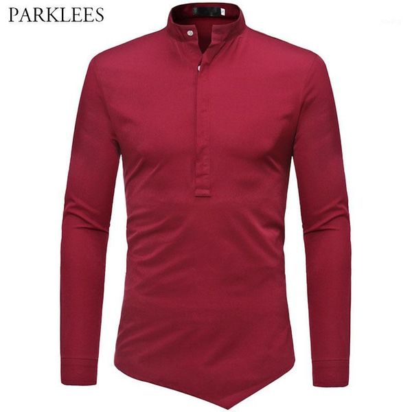 

wine red men shirts stand collar slim fit mens dress shirt casual daily long sleeve shirt for men irregular hem camisa masculina1, White;black