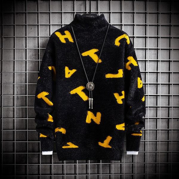 

winter new high-collar letters imitation mink sweater men's outer sweater youth personality korean wave base shirt, White;black