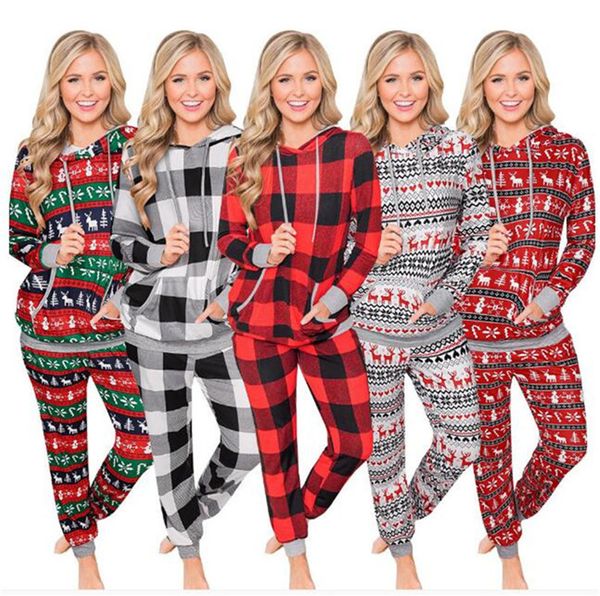 

2021 hooded christmas pajamas womens two piece outfits plaid striped sleepwear hoodie blouse + pants pyjamas xmas clothes night wear ly11023, White