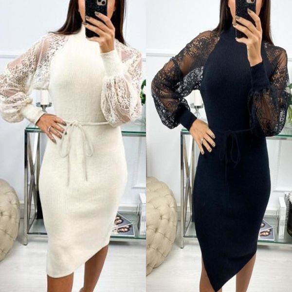 

fashion solid color lace see through turtleneck lantern sleeve bandage women dress dress women party night club wear, Black;gray