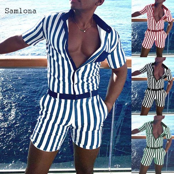 

fashion vertical stripes men casual jumpsuit summer short sleeve rompers overall single breasted short pants romper men clothing, Gray
