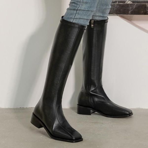 

women's great pu leather flats winter knee high boots square toe casual warm plush cold weather long boots shoes, Black