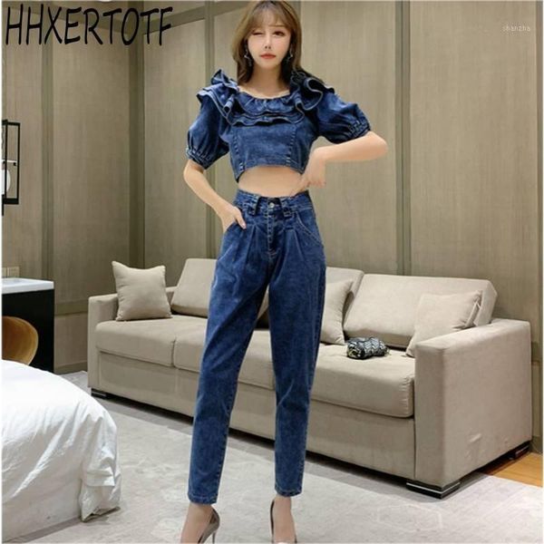 

2020 summer women denim two pieces set slash neck ruffled denim +high waist pants sets1, White
