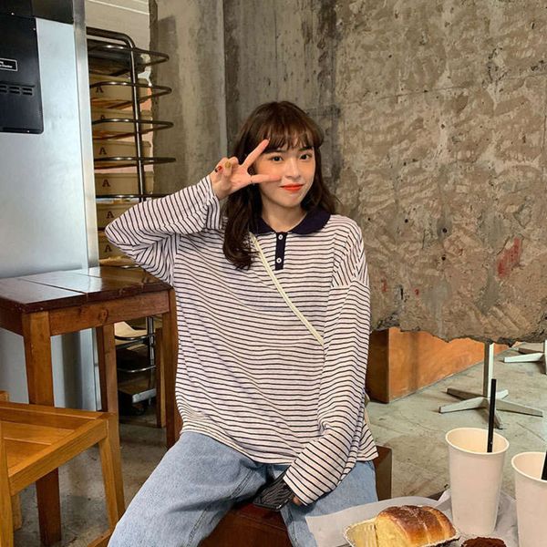 

sleeve t-shirt women's lazy style long simple thin color contrast stripe fall 2019 korean student casual wear, Black;gray