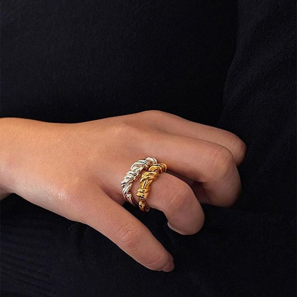 

cluster rings peri'sbox 17mm gold silver color irregular twisted rope geometric for women wire minimalist ring 2021 trendy jewelry, Golden;silver