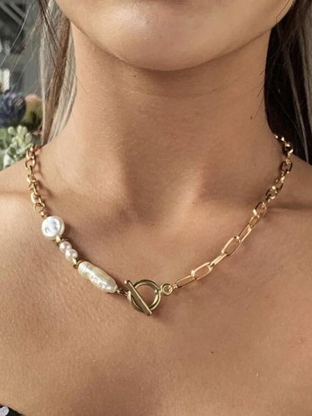 

fashion jewelry fresh water pearl lariat necklaces for women-baroque pearl chain link necklace, Silver