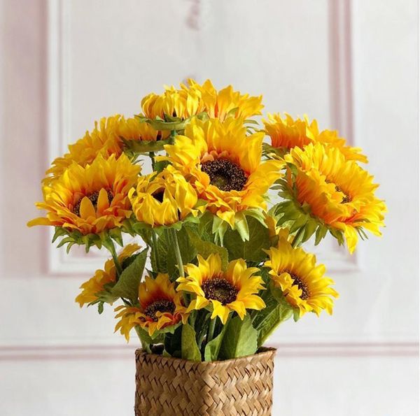 

artificial 3heads sunflower fake flower simulation flower plant bonsai wedding decoration ins wind home decoration flores1