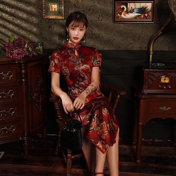 

burgundy traditional print floral ladies qipao rayon slim long cheongsam elegant woman casual dress vintage vestidos size s-4xl, Red