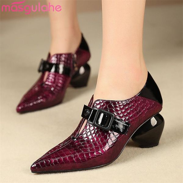 

masgulahe 2021 new arrival women pumps pointed toe spring autumn single shoes buckle unique high heels ladies office shoes, Black