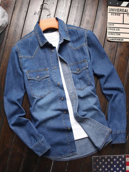

men 1pc button up flap pocket front denim shirt l8qq#, Blue