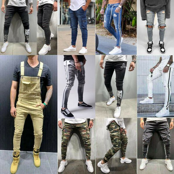 

fashion skinny stretchy denim slim fit long frayed rip bike pant men jeans 201111, Blue