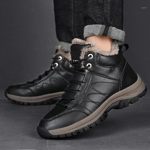 

men leather boots shoes winter warm thick sole male boots sneakers man outdoor snow ankel mens shoes, Black