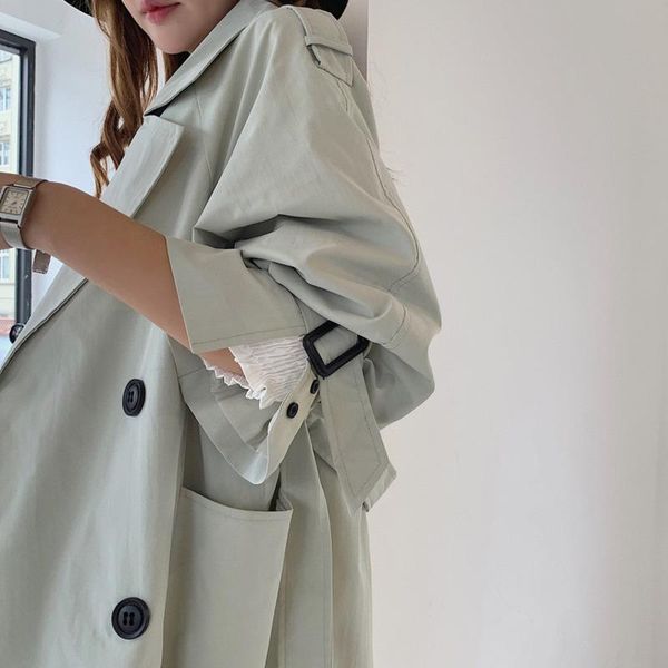 

mid-length windbreaker autumn clothing women's lace patchwork cuff long sleeve casual bandage waist coat kg-371, Tan;black