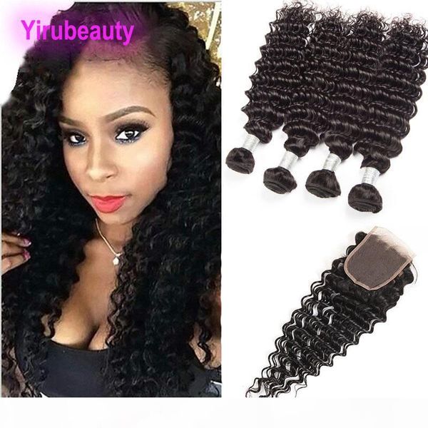 

indian human hair deep wave curly hair bundles with 4x4 lace closure 4 bundles with lace closure baby hair wefts 5 pieces lot, Black;brown