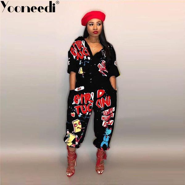 

yooneedi 2020 summer design hip hop style women jumpsuits 4 color print turn-down collar ladies rompers -81031, Black;white