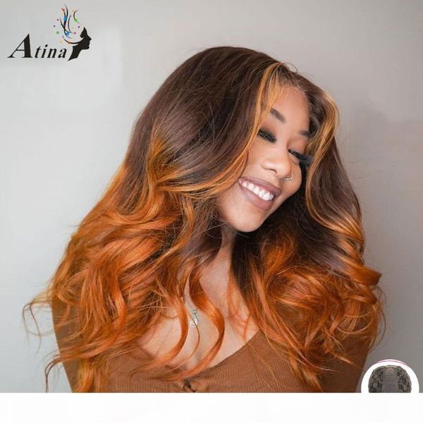 

hd transparent lace human hair wig brazilian remy wavy brown orange colored ombre highlight lace front wig glueless colored wigs, Black;brown