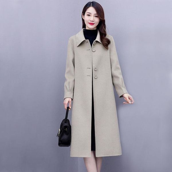 

double coat female temperament of high-end 2021 new han edition loose long pure color cloth coat in winter, Black