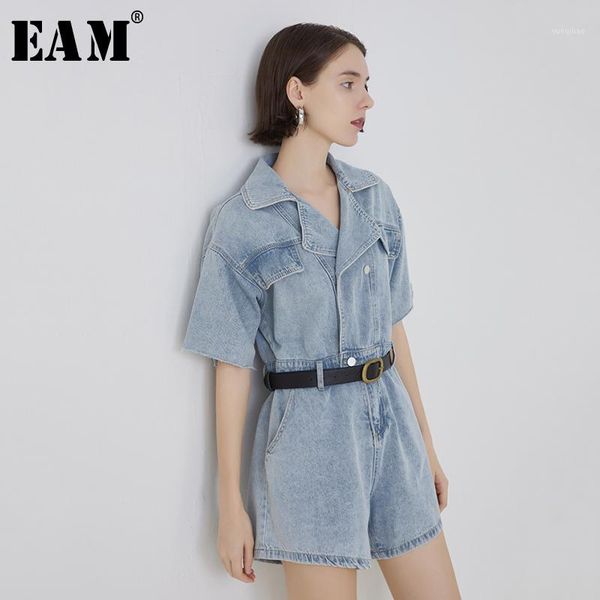 

eam] loose fit blue denim split temperament women playsuits new high waist pocket stitch pants fashion spring summer 2020 1y4691, Black;white