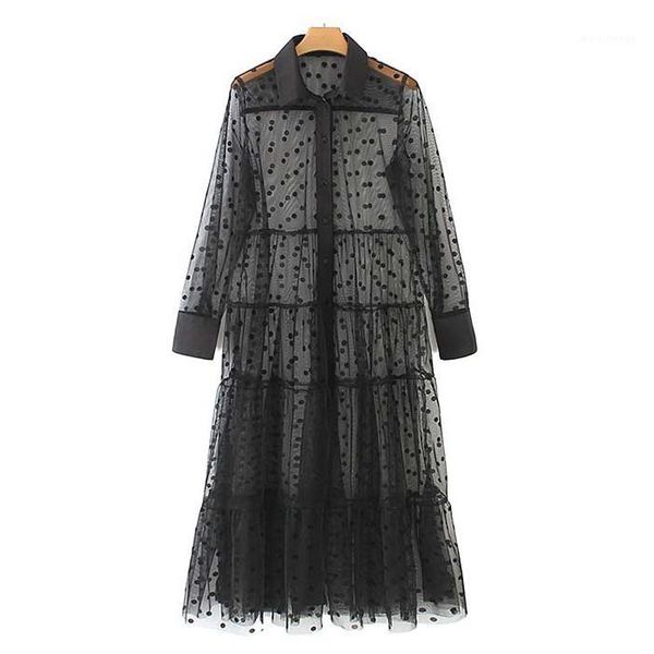 

women stylish polka dot patchwork transparent midi shirt dress long sleeve female chic mesh dresses vestidos1, Black;gray