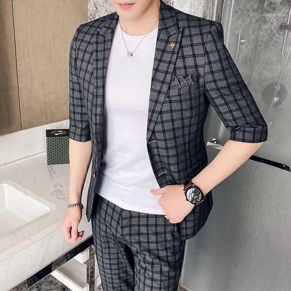 

men's suits & blazers 2021 men's suit plaid blazer jacket slim fit wedding groom tuxedos for men 2 pcs set dress tuxedo costume ho, White;black
