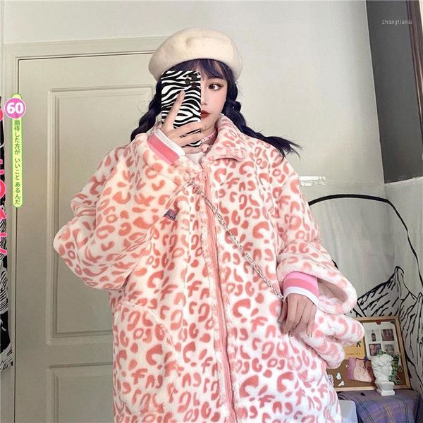 

jane deiune 2021 new fall winter women pink leopard lamb wool jacket with bag and hat girl's loose casual thick cotton overcoat1, Black;brown