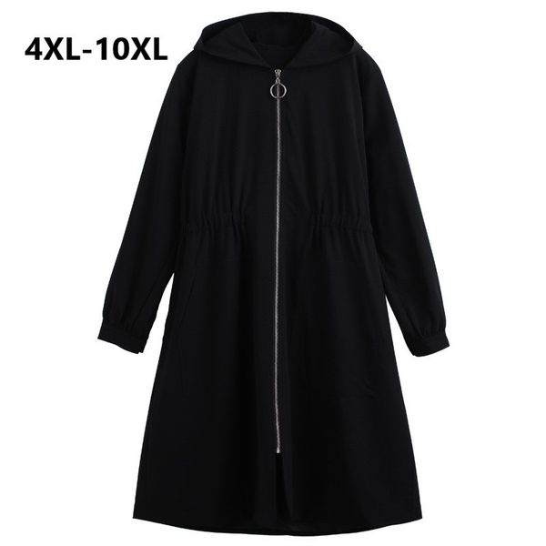 Plus Size 10XL Donna Giacca a vento Cappotto Autunno Inverno Slim Lungo Trench Cappotti Donna Nero Cappotto con cappuccio Trench Vrouwen 201030