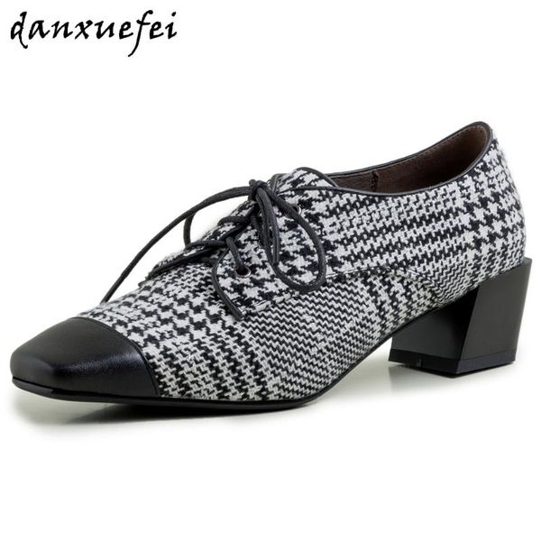

women's genuine leather plaid fabric patchwork lace-up casual style pumps soft comfortable female footwear square toe shoes, Black