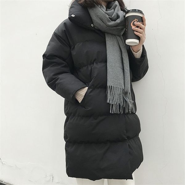

ricorit new winter hooded long sleeve solid color cotton-padded warm loose long puffer jacket women parkas coat 201119, Black