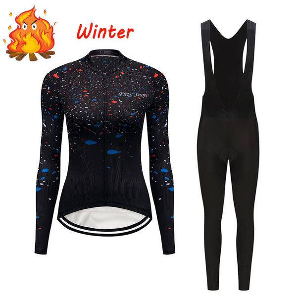 

women winter cycling jersey set thermal fleece clothing bike suit bicycle mtb clothes triathlon uniform kit maillot jumpsuit gel, Black;blue