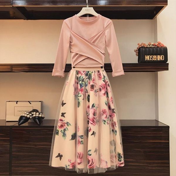 

women irregular bowknot solid vintage floral t shirt mesh skirts suits sets elegant woman two piece set, Gray
