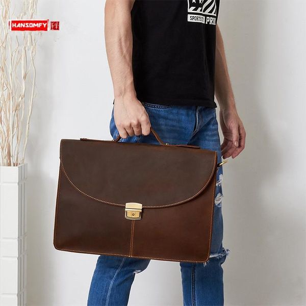 

new business retro leather men's bag crazy horse leather handbags men lapbriefcase 15.6 inch computer bag male travel bags