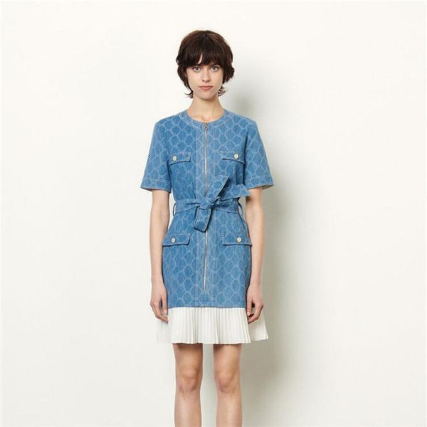 

2021 round neck stitching denim plaid tie-waist short sleeve dress female h0506 drop shipping good quality, Black;gray