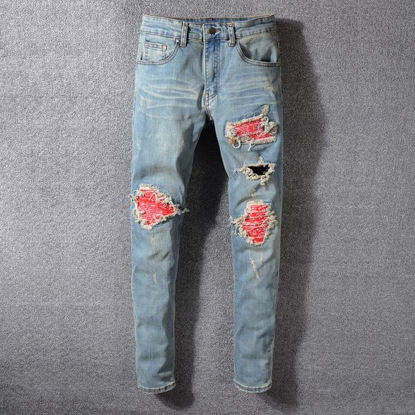 

american streeetwear fashion men jeans retro blue washed slim fit ripped jeans broken pants patchwork designer hip hop men