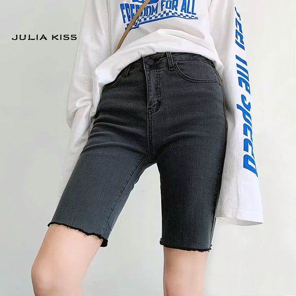 

women skinny fit longline denim shorts with raw-cut hem, Black